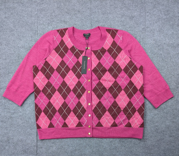 Talbots Sweaters - Talbots Merino Wool Cardigan Womens 2X Petite Pink Argyle Academia Preppy Layer